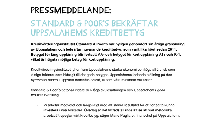 Standard and Poor's bekräftar Uppsalahems kreditbetyg