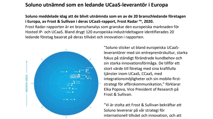 Soluno utnämnd som en ledande UCaaS-leverantör i Europa