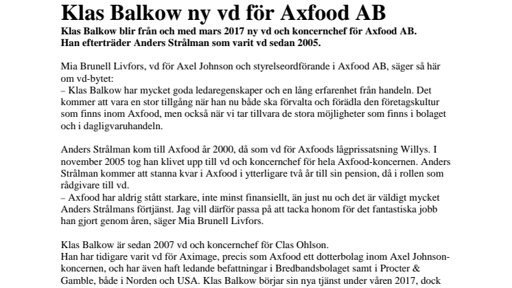 Klas Balkow ny vd för Axfood AB