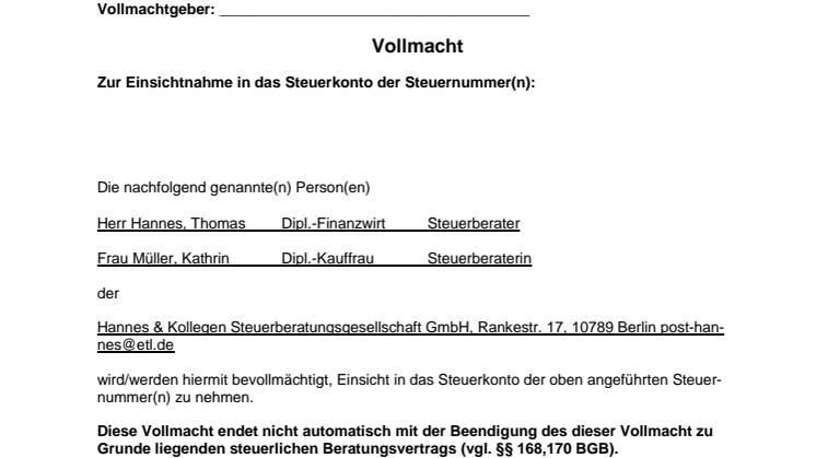 Vollmacht Steuerkonto online (Brandenburg)
