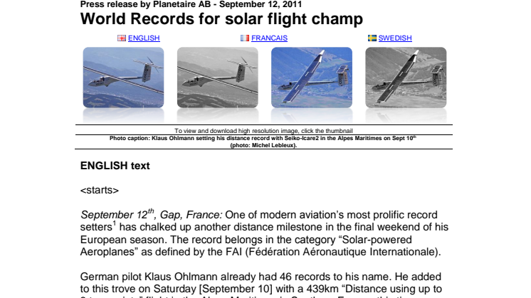 World Records for solar flight champ