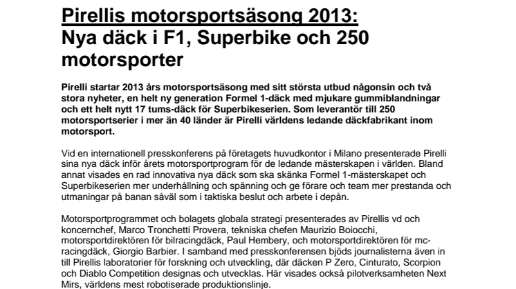 Pirellis motorsportsäsong 2013: Nya däck i F1, Superbike och 250 motorsporter