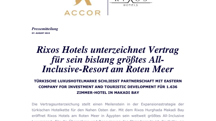 Rixos Hotels unterzeichnet Vertrag für sein bislang größtes All-Inclusive-Resort am Roten Meer