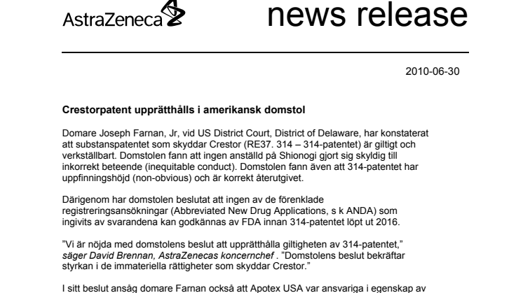 Crestorpatent upprätthålls i amerikansk domstol 