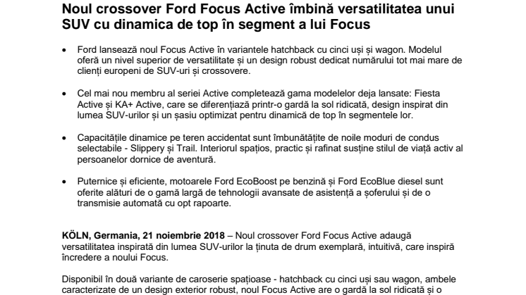 Noul crossover Ford Focus Active îmbină versatilitatea unui SUV cu dinamica de top în segment a lui Focus