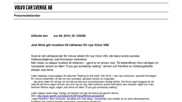 Joel Alme gör musiken till reklamen för nya Volvo V60