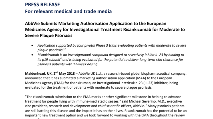 AbbVie Submits Marketing Authorisation Application to the European Medicines Agency for Investigational Treatment Risankizumab for Moderate to Severe Plaque Psoriasis 