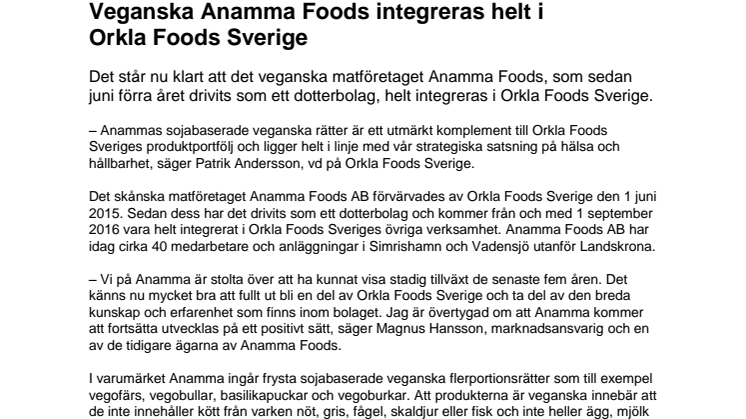 ​​​Veganska Anamma Foods integreras helt i Orkla Foods Sverige