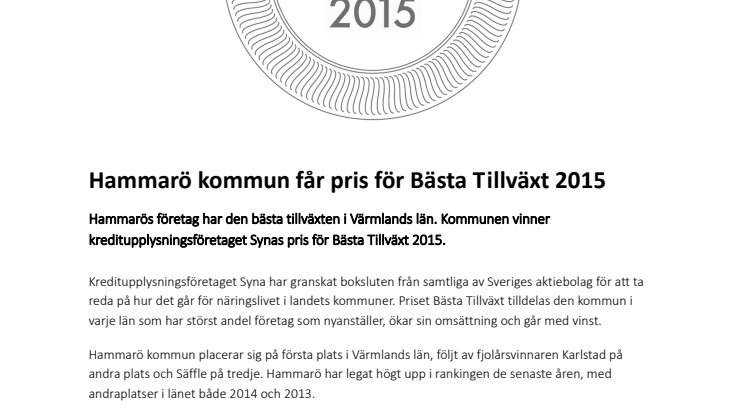 Hammarö kommun får pris för Bästa Tillväxt 2015