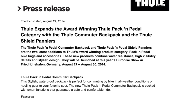 Thule Expands the Award Winning Thule Pack ’n Pedal Category with the Thule Commuter Backpack and the Thule Shield Panniers