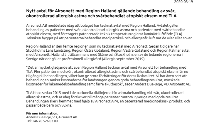 Nytt avtal för Airsonett med Region Halland gällande behandling av svår, okontrollerad allergisk astma och svårbehandlat atopiskt eksem med TLA