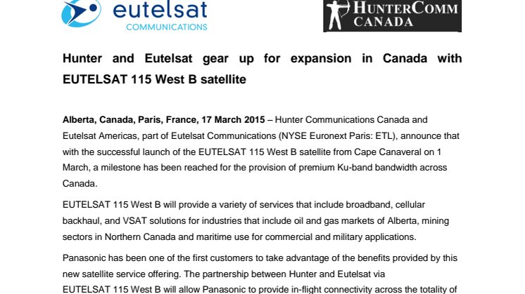 Hunter and Eutelsat gear up for expansion in Canada with EUTELSAT 115 West B satellite