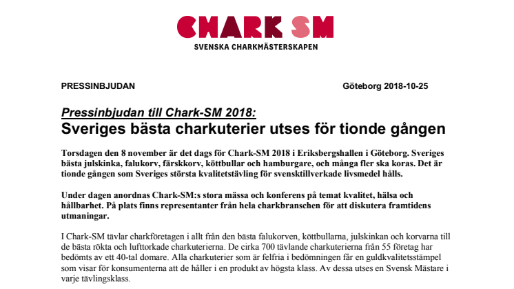 Pressinbjudan till Chark-SM 2018:  Sveriges bästa charkuterier utses för tionde gången