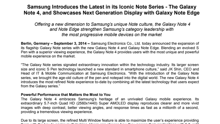 Samsung Introduces the Latest in its Iconic Note Series - The Galaxy Note 4, and Showcases Next Generation Display with Galaxy Note Edge