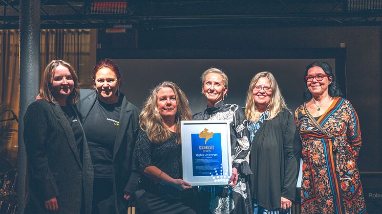 Digitala Seniortorget vann Guldmolnet 2023. På bilden flankerade av finalisterna eRUM och Behörighetsbiet. Foto: Jonas Westling