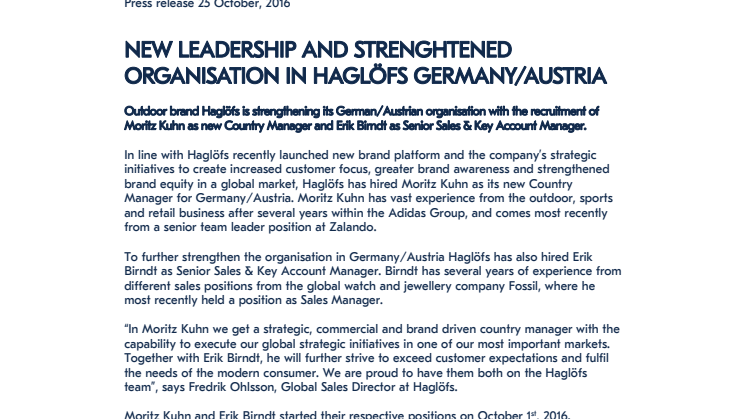 NEW LEADERSHIP AND STRENGHTENED ORGANISATION IN HAGLÖFS GERMANY/AUSTRIA 