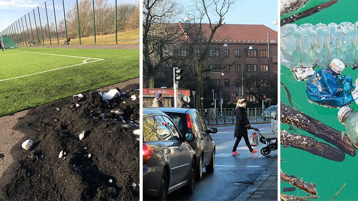 Mikroplast och kemiska ämnen sprids från gummigranulat på konstgräsplaner och medför en stor miljöpåverkan, liksom slitagepartiklar från däck och väg. Plasten påverkar havsmiljön. (Foto Miljöförvaltningen i Malmö stad samt Colourbox).