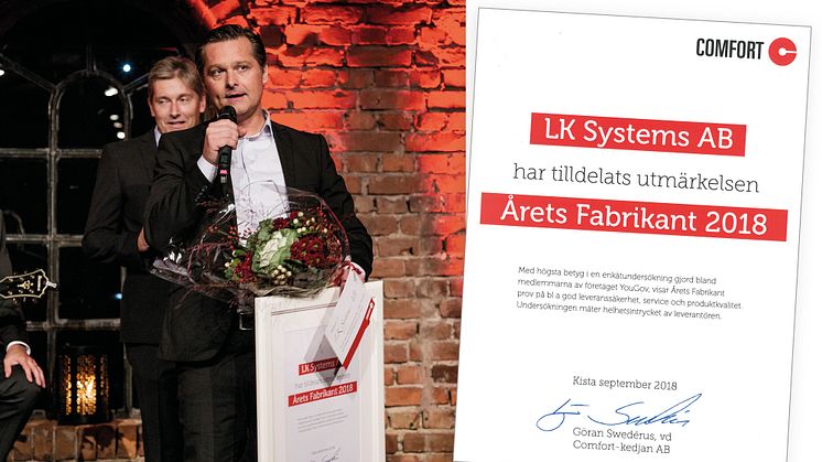 Michael Söderberg, affärsområdeschef hos LK, tar emot utmärkelsen Årets Fabrikant av Comfort-kedjan.