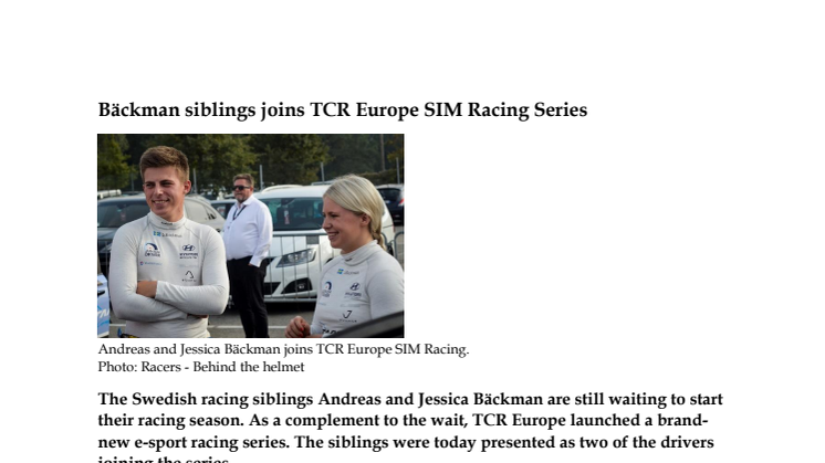 Bäckman siblings joins TCR Europe SIM Racing Series