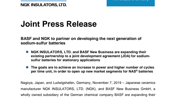 (Joint Press Release)BASF and NGK to partner on developing the next generation of sodium-sulfur batteries