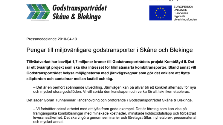 Pengar till miljövänligare godstransporter i Skåne och Blekinge