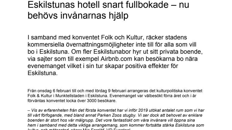 Eskilstunas hotell snart fullbokade – nu behövs invånarnas hjälp