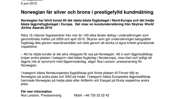 Norwegian får silver och brons i prestigefylld kundmätning