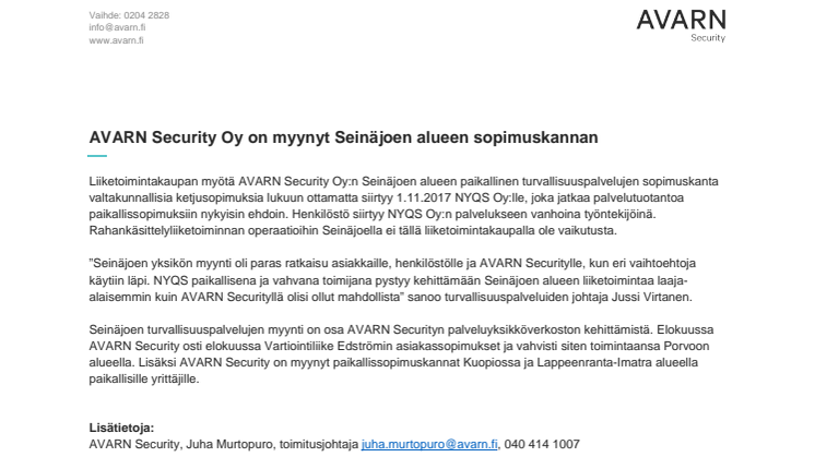 AVARN Security Oy on myynyt Seinäjoen alueen sopimuskannan