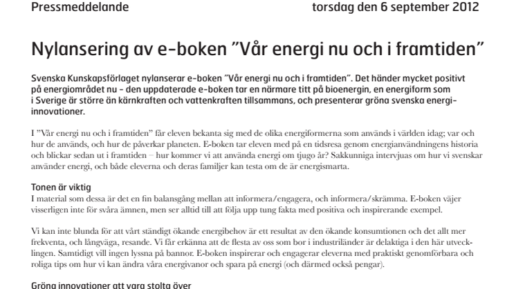 Nylansering av e-boken ”Vår energi nu och i framtiden”