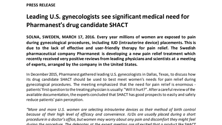 Leading U.S. gynecologists see significant medical need for Pharmanest’s drug candidate SHACT  