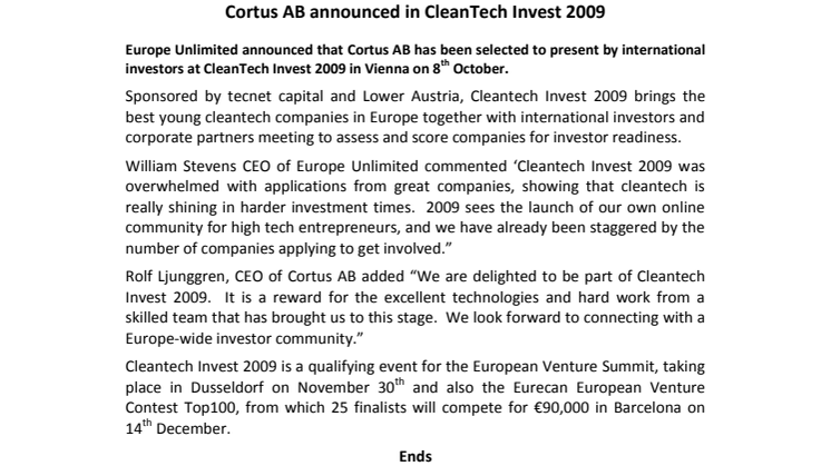 Cortus AB announced in CleanTech Invest 2009 