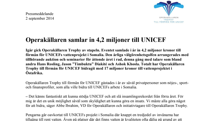 Operakällaren samlar in 4,2 miljoner till UNICEF