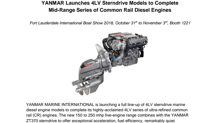 YANMAR Launches 4LV Sterndrive Models to Complete Mid-Range Series of Common Rail Diesel Engines