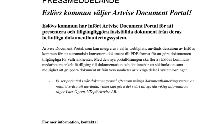 Eslövs kommun väljer Artvise Document Portal!