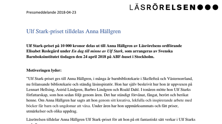 Ulf Stark-priset tilldelas Anna Hällgren