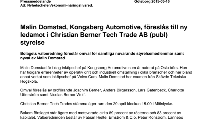 Malin Domstad, Kongsberg Automotive, föreslås till ny ledamot i Christian Berner Tech Trade AB (publ) styrelse