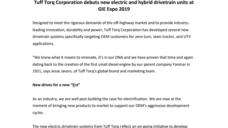 Tuff Torq Corporation debuts new electric and hybrid drivetrain units at GIE Expo 2019
