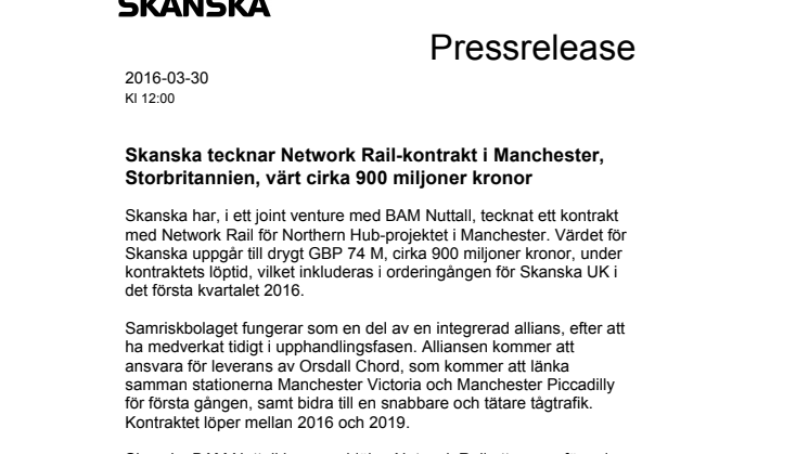 Skanska tecknar Network Rail-kontrakt i Manchester, Storbritannien, värt cirka 900 miljoner kronor
