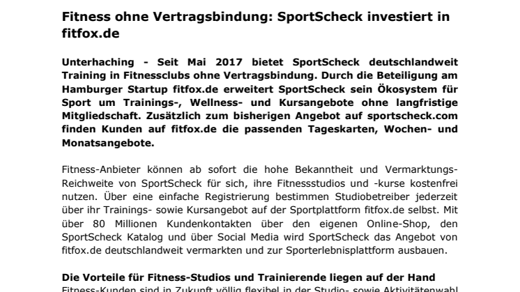 Fitness ohne Vertragsbindung: SportScheck investiert in fitfox.de