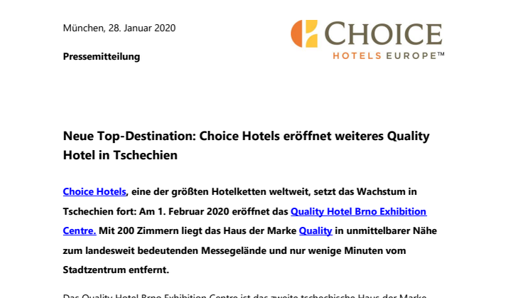 Neue Top-Destination: Choice Hotels eröffnet weiteres Quality Hotel in Tschechien
