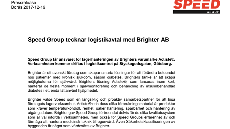 Speed Group tecknar logistikavtal med Brighter AB
