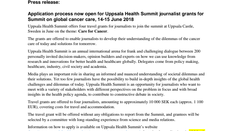Application process now open for Uppsala Health Summit journalist grants for Summit on global cancer care, 14-15 June 2018. 