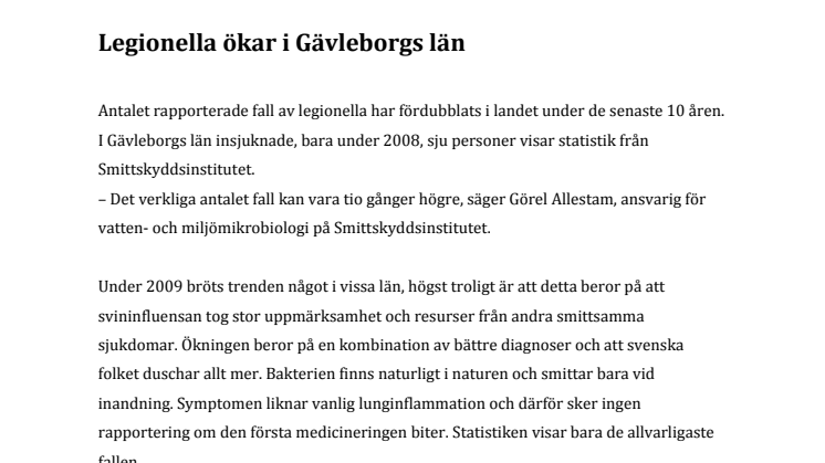 Legionella ökar i Gävleborgs län