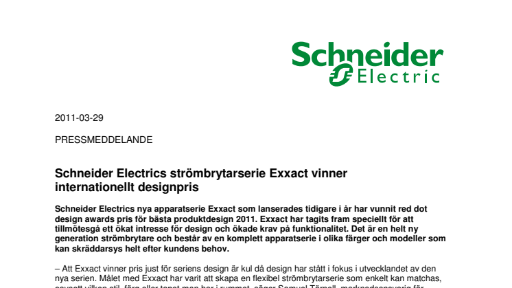 Schneider Electrics strömbrytarserie Exxact vinner internationellt designpris