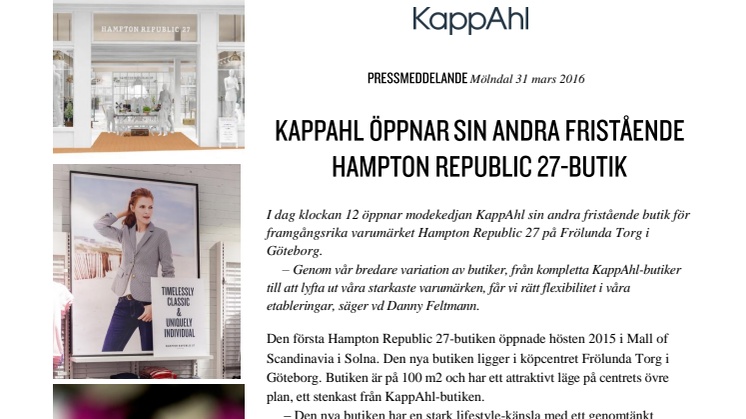 KappAhl öppnar sin andra fristående Hampton Republic 27-butik