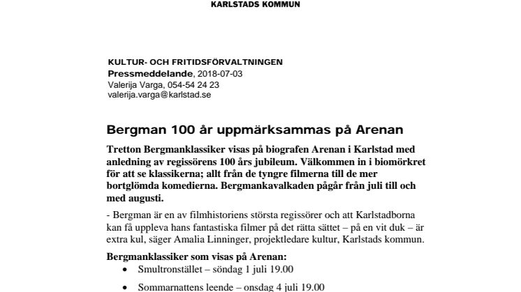 Bergman 100 år uppmärksammas på Arenan