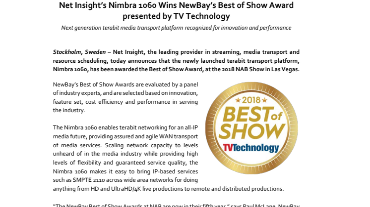 Net Insight’s Nimbra 1060 Wins NewBay’s Best of Show Award presented by TV Technology