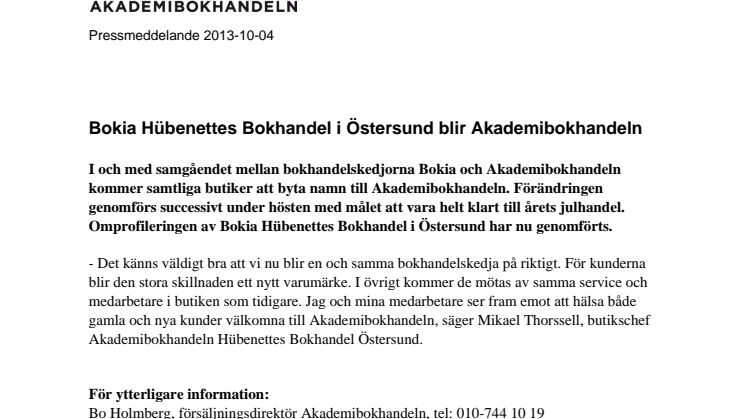 Bokia Hübenettes Bokhandel i Östersund blir Akademibokhandeln 