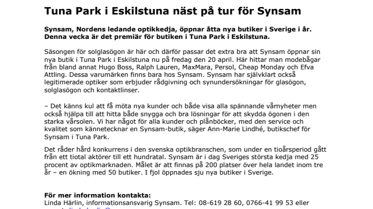 Tuna Park i Eskilstuna näst på tur för Synsam