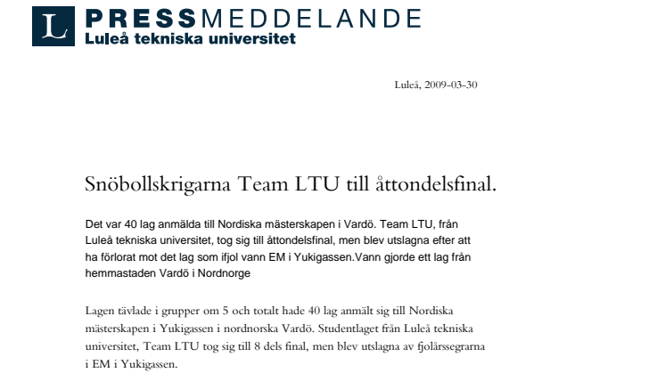 Snöbollskrigarna Team LTU till åttondelsfinal 